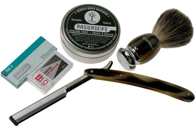 Böker Barberette Horn Set 140905SET Shaving Set With Shavette 3 Böker Barberette Horn Set 140905SET Shaving Set With Shavette